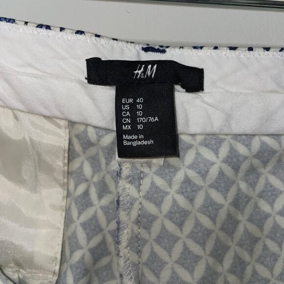 H&M Womens Geometric Print Trousers Size 10 Elastic Waist Blue & White - Picture 4 of 7